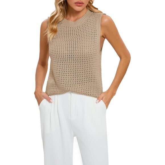 🆕 Women Khaki Mesh Crochet Tank Top Sexy Sleeveless Crew Neck Knit Loose Shirt - Picture 1 of 7